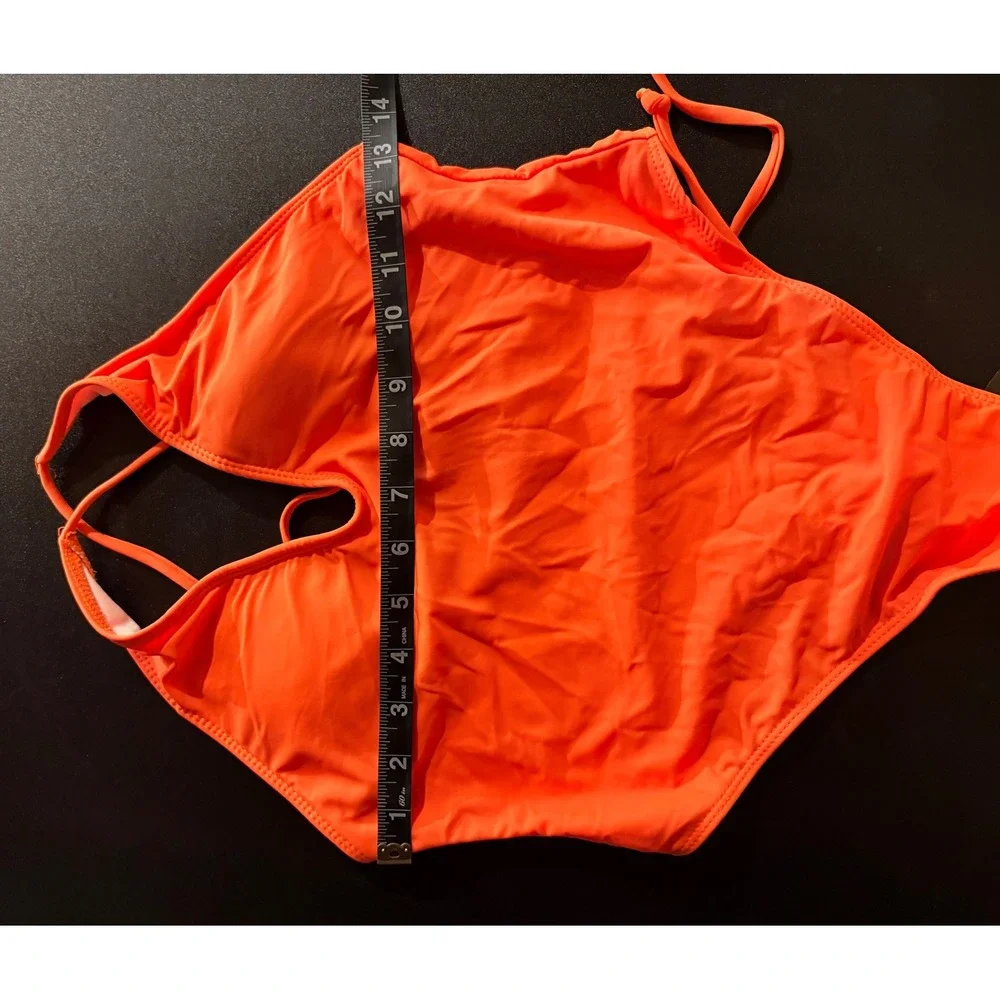 Neon Orange High Cut‎ Plunge One Piece Swimsuit Lace Up Back Medium